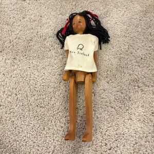 Vintage Articulated Wooden Doll "New‎ Zealand" Shirt With Black Yarn Hair